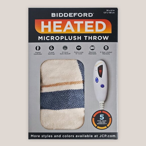 NEW Biddeford Heated Electric Microplush Blanket Throw 50x62 Plaid Blue Cream - Picture 1 of 5
